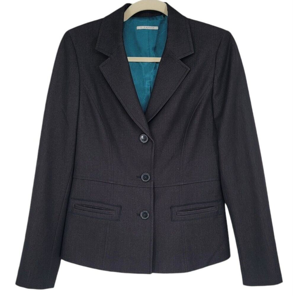 Tahari Women's Gray Blazer Size 8 Career‎ Office Jacket w/ Teal Lining